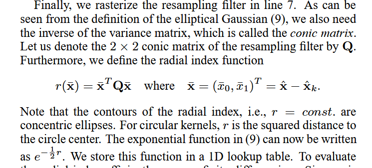 Fragment from 'EWA Volume Splatting' explaining e to the power of minus half radius.