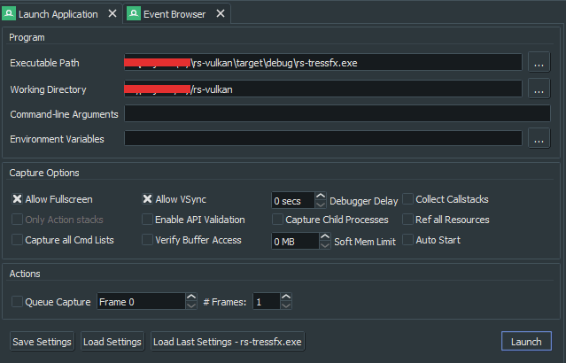 RenderDoc launch settings with 'Executable Path' and 'Working Directory' inputs.