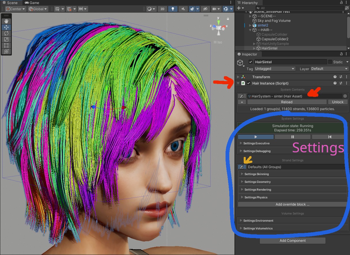 Screenshot from Unity with the hair object settings.