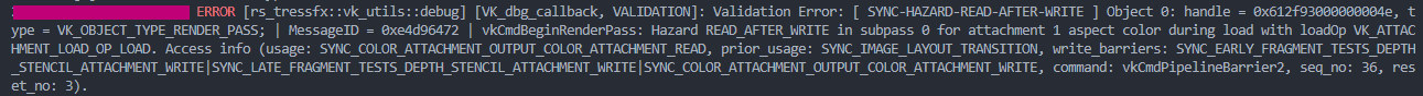 Validation layer error message that mentions 'Hazard READ_AFTER_WRITE'.