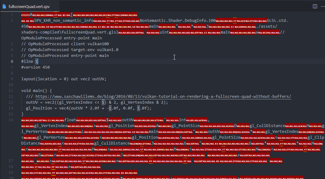 Binary .spv file (lots of `NUL`) opened in the text editor. Raw GLSL text visible at the start of the file.