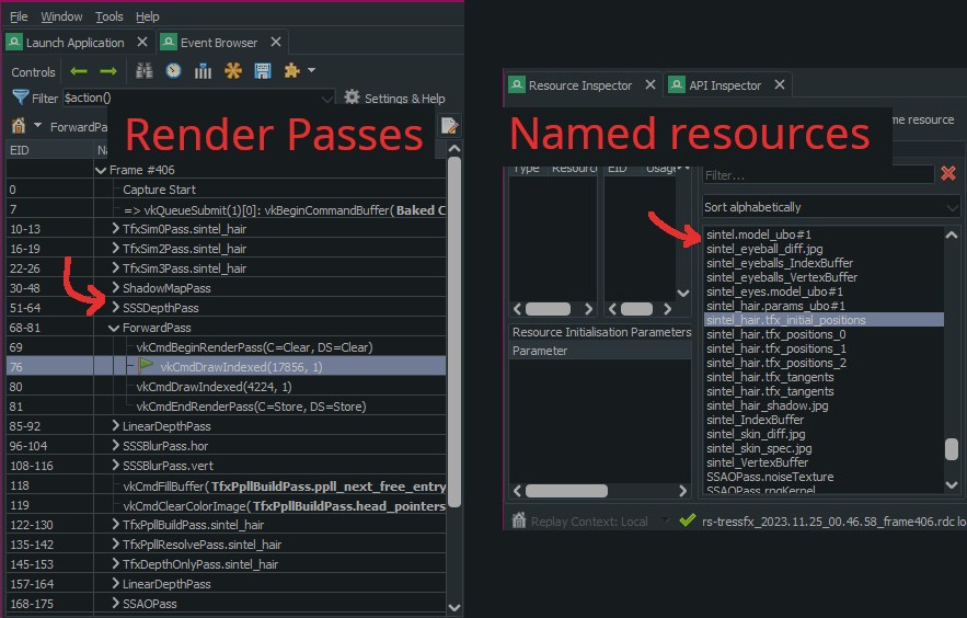 RenderDoc's event browser with passes like 'LinearDepthPass', 'ShadowMapPass'. Resource inspector with 'sintel_skin_diff.jpg', 'SSAOPass.noiseTexture' etc..