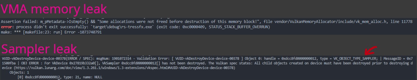 VMA printed error: 'Some allocations were not freed before the destruction of this memory block!'. Below vkDestroyDevice() error about not destroying VK_OBJECT_TYPE_SAMPLER.