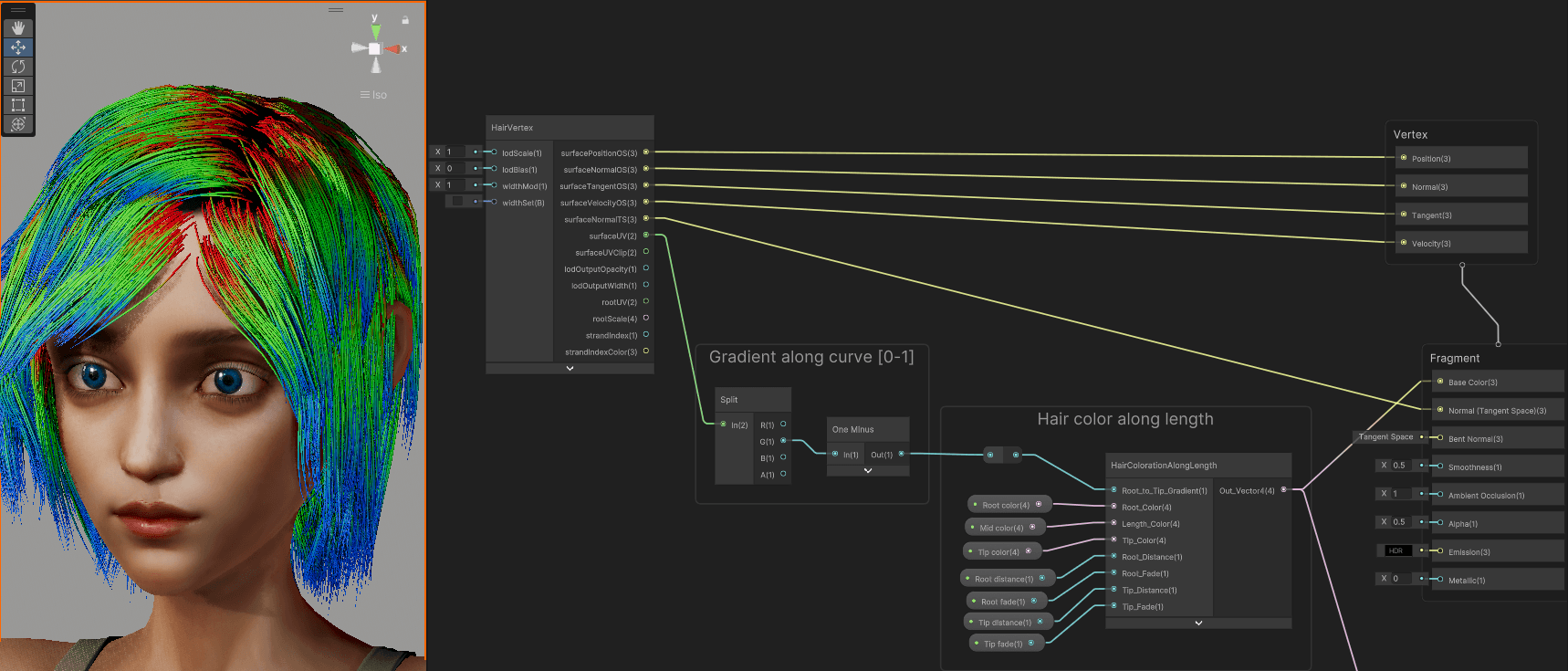 The color gradient along the strand length using surfaceUV.y.